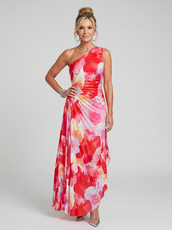 Tamsin | One Shoulder Pleated Bodice Floral Midi Dress