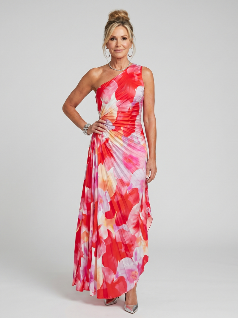 Tamsin | One Shoulder Pleated Bodice Floral Midi Dress