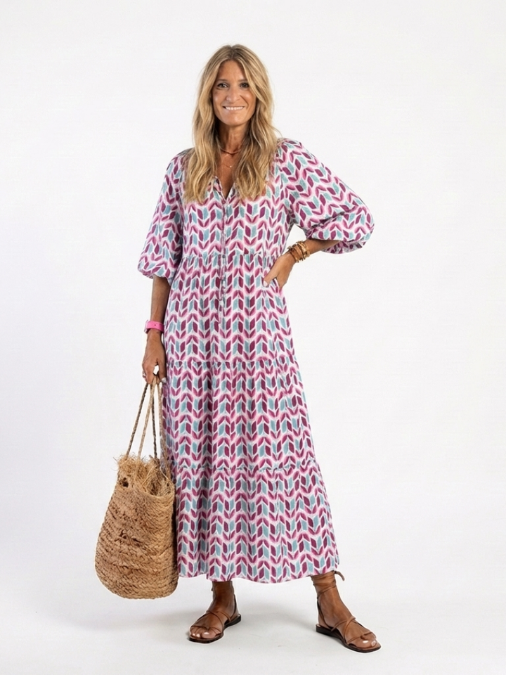 Gisela | Geometric Print Long Sleeve Tiered Midi Dress