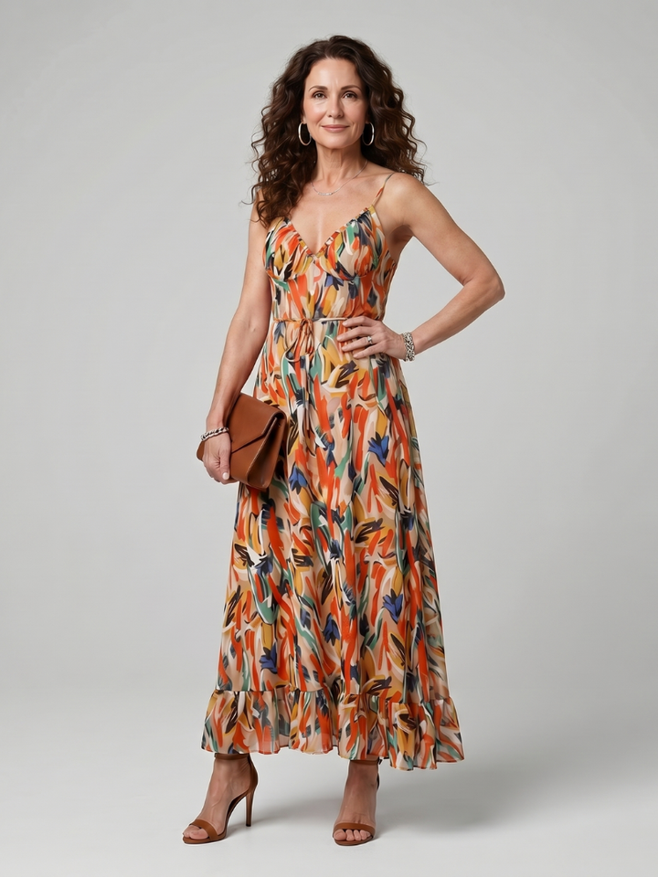 Clemmie | Spaghetti Strap Abstract Print Midi Dress in Multicolour