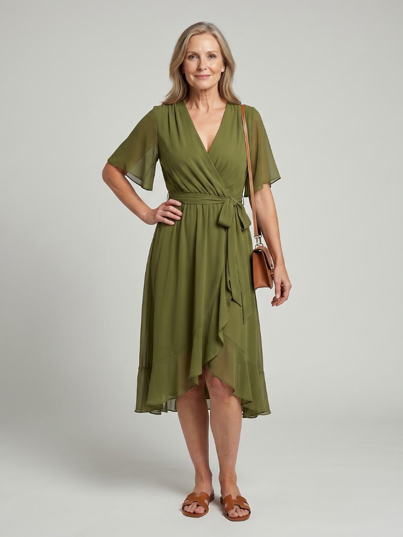 Seren | Short Sleeve Wrap Midi Dress with Fluid Hem in Green, Black, and Blue