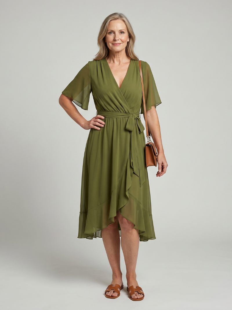 Seren | Short Sleeve Wrap Midi Dress with Fluid Hem in Green, Black, and Blue