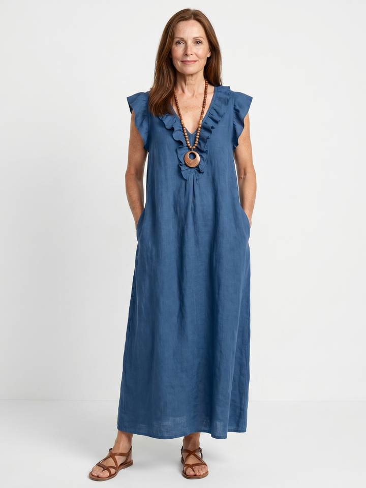 Anneliese | Ruffle Trim V-Neck Sleeveless Relaxed Midi Dress