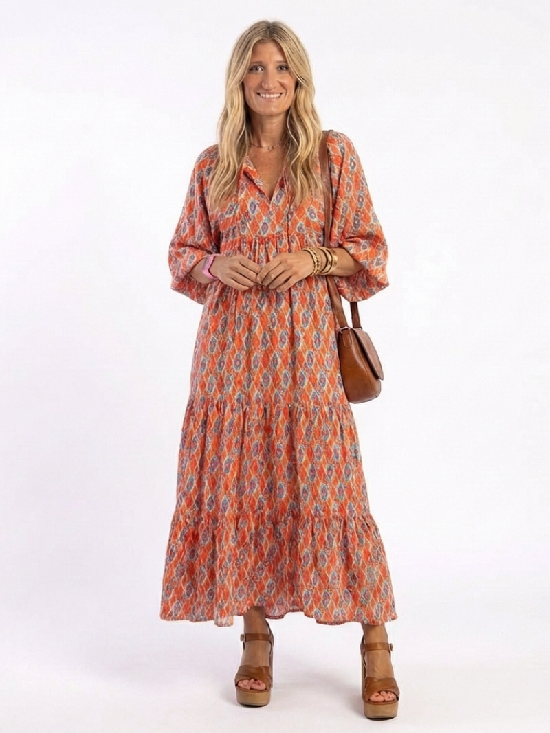 Margery | Geometric Print V-Neck Tiered Midi Dress