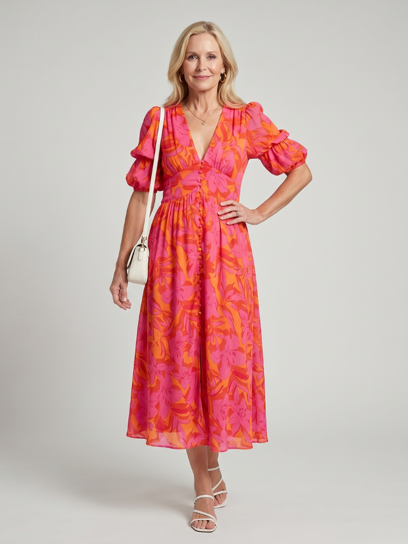 Rosalind | Puff Sleeve V-Neck Bold Floral Print Midi Dress in Multicolour