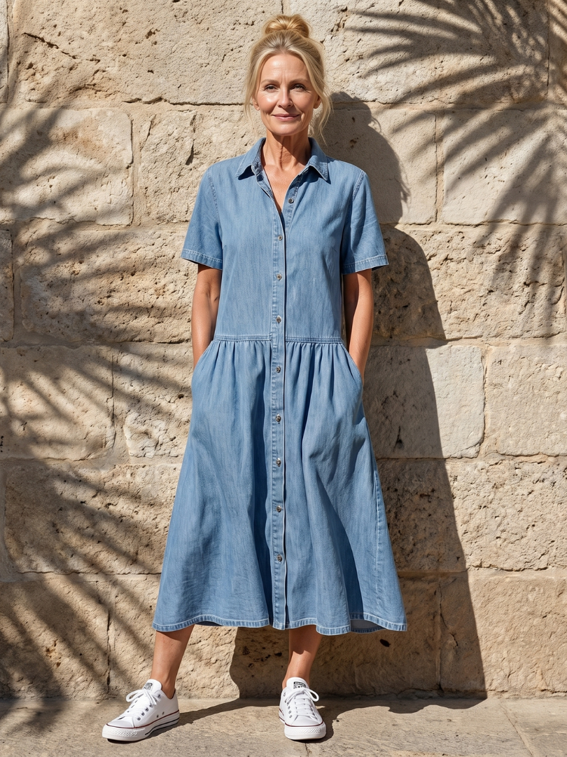 Geneva | Gathered Waist Button-Front Collared Midi Dress in Blue