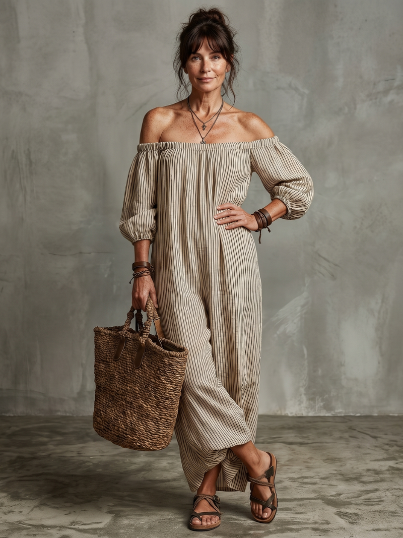 Euphemia | Striped Off-Shoulder Maxi Dress in Khaki