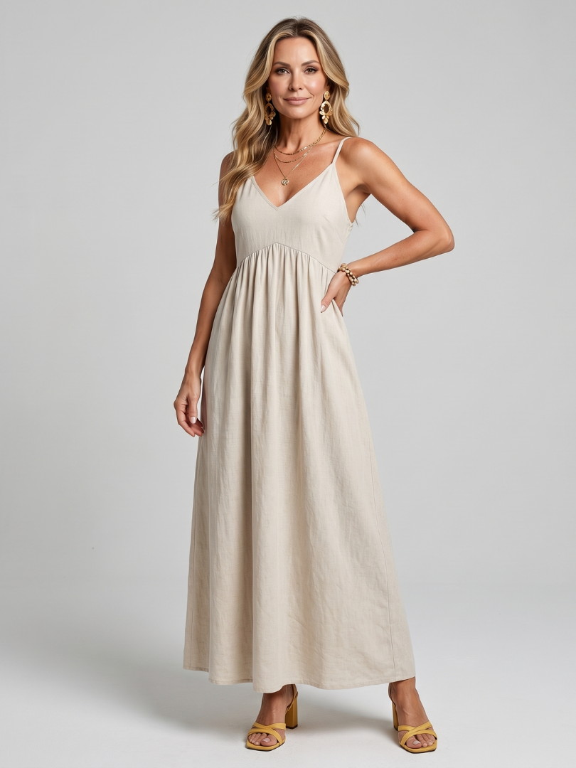 Fleur | Spaghetti Strap Gathered Waist Flowing Midi Dress in White