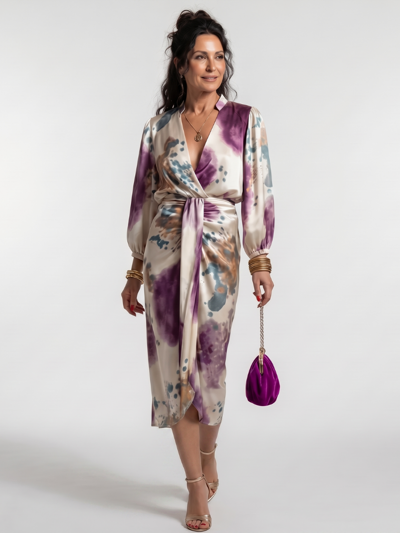 Cordelia | Cross Wrap Tie Waist Printed Midi Dress in Multicolour