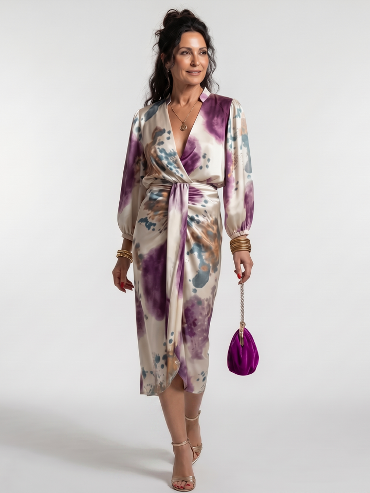 Cordelia | Cross Wrap Tie Waist Printed Midi Dress in Multicolour