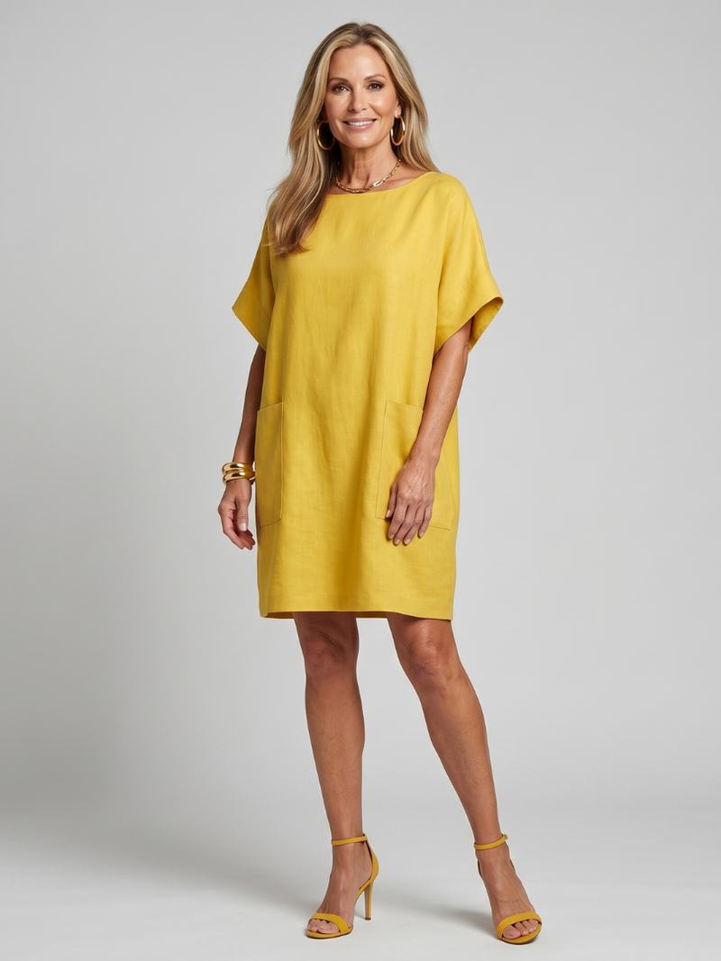 Margot | Short Sleeve Patch Pocket Knee Length Dress in Yellow, Sky Blue & Blue