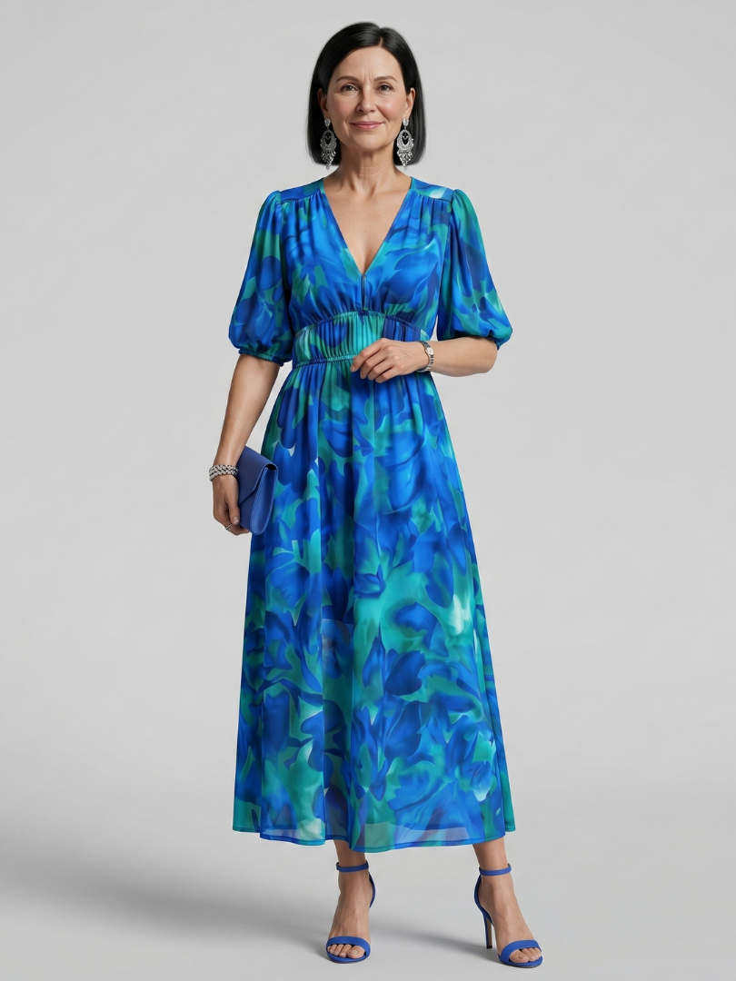 Fenella | Puff Sleeve V-Neck Abstract Print Midi Dress