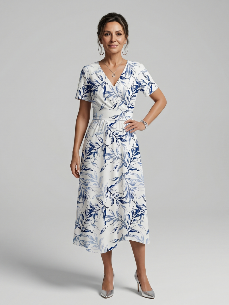 Carys | V-Neck Botanical Print Wrap Midi Dress in White