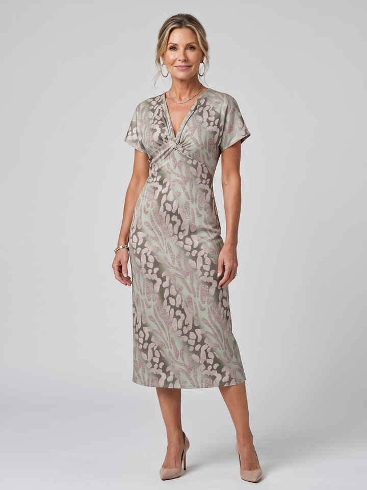 Beatrice | Short Sleeve Abstract Print Twist-Front Midi Dress in Multicolour