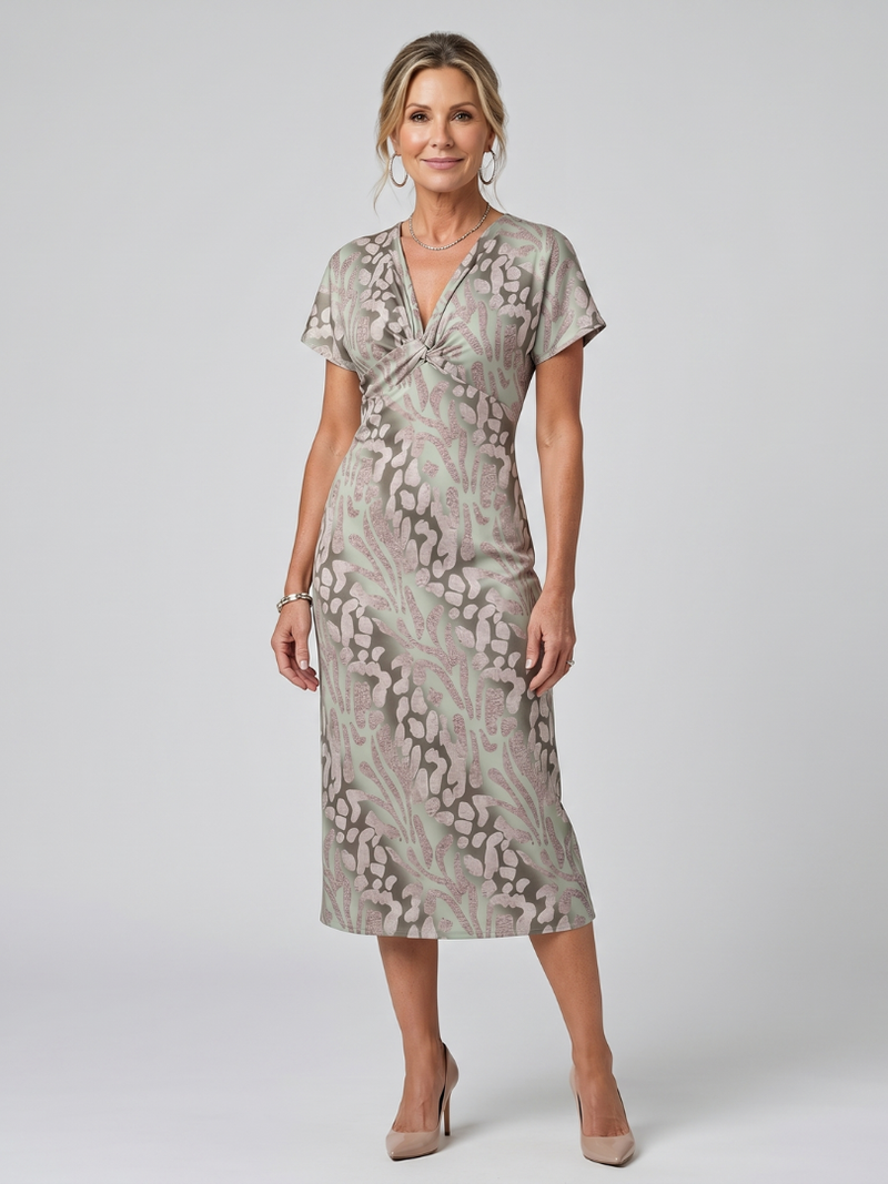 Beatrice | Short Sleeve Abstract Print Twist-Front Midi Dress in Multicolour