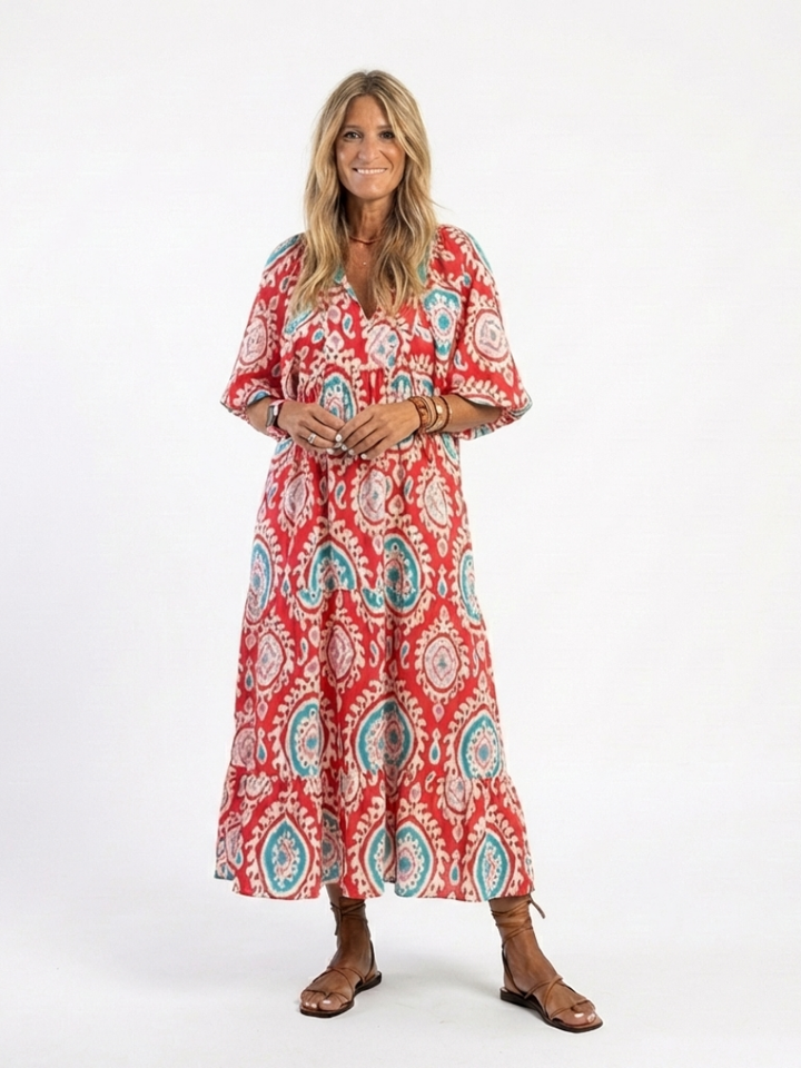 Paisley | Paisley Print V-Neck Short Sleeve Midi Dress