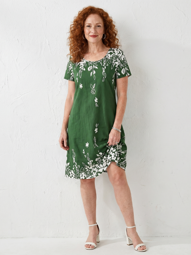 Daphne | Short Sleeve Floral Border Mini Dress in Green, Red & Blue