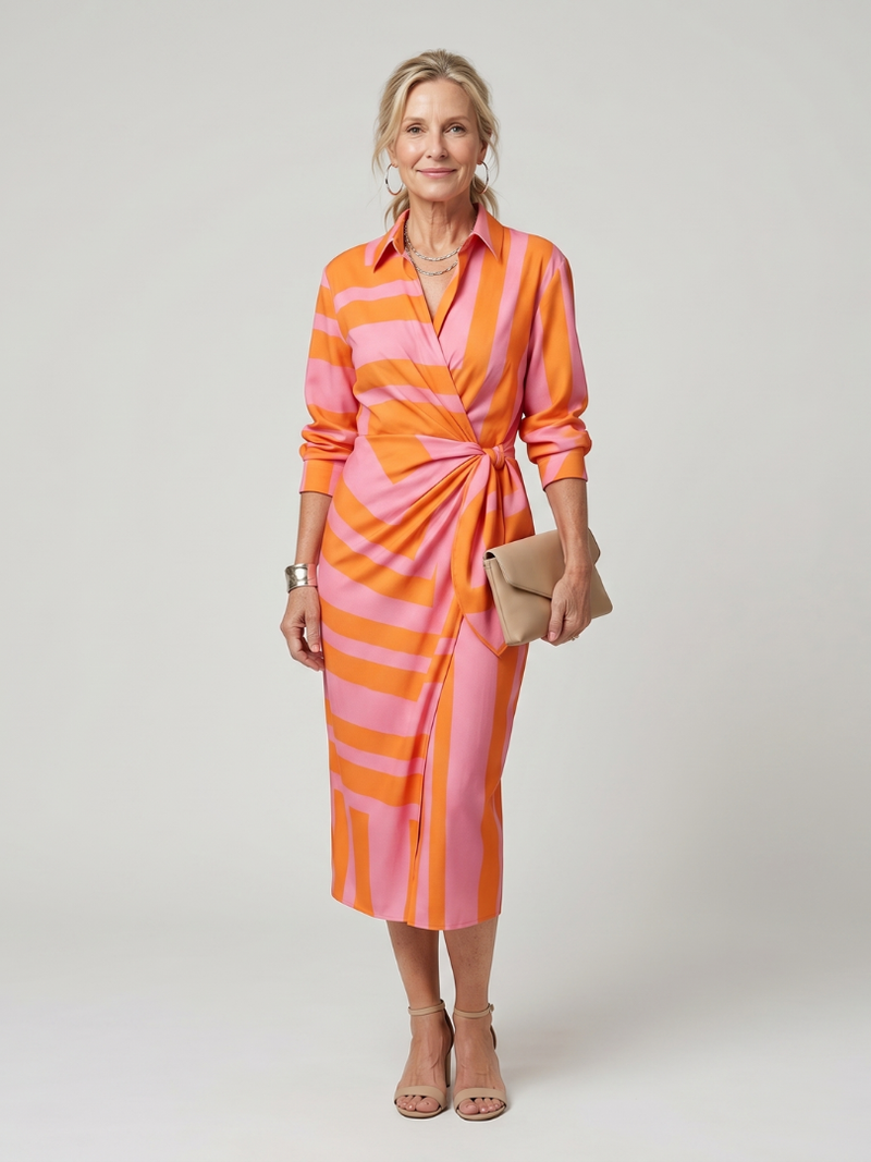 Imogen | Long Sleeve Collared Wrap Midi Dress in Stripe