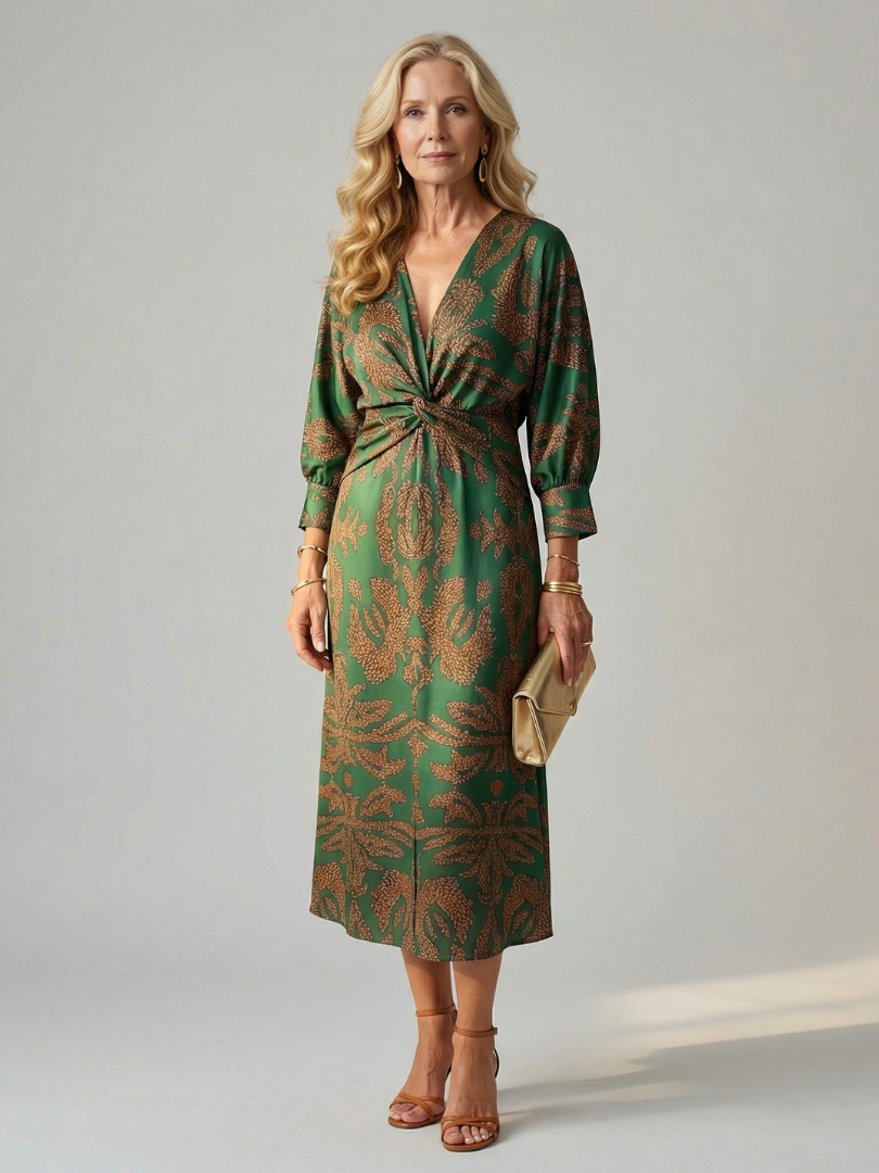 Romilly | Long Sleeve Wrap Midi Dress in Dark Green, Blue, Brown and Red
