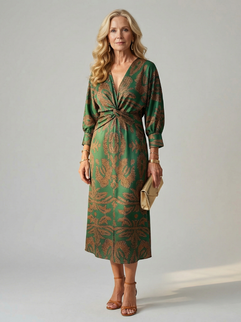 Romilly | Long Sleeve Wrap Midi Dress in Dark Green, Blue, Brown and Red