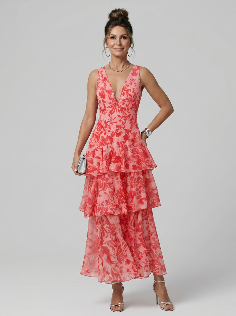 Ottilie | Deep V-Neck Sleeveless Painterly Print Midi Dress in Red, Beige & Burgundy