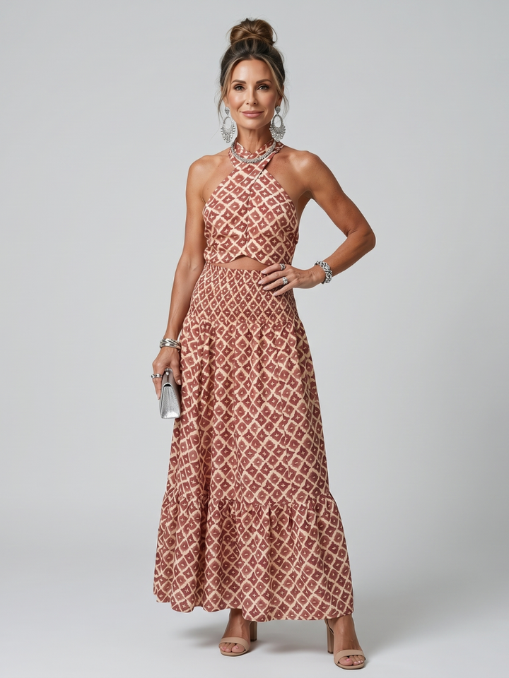 Verity | Geometric Print Cross Halter Cutout Midi Dress