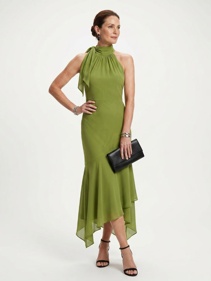 Winifred | Draped Halter Keyhole Midi Dress in Green