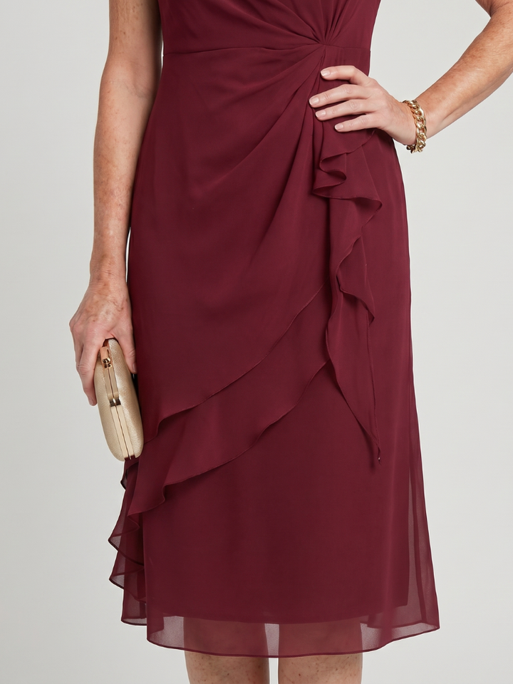 Elowen | Short Sleeve Layered Hem Midi Dress with Twist Waist Detail