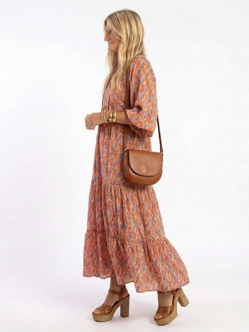 Margery | Geometric Print V-Neck Tiered Midi Dress