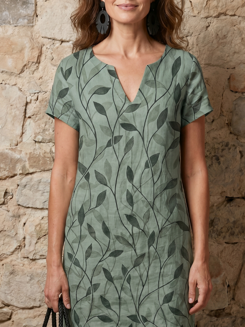 Hazel | Leaf Print V-Neck Knee-Length Dress in Green, Purple & Pink