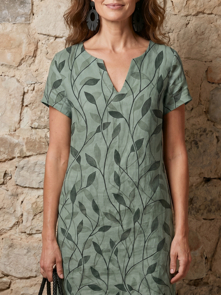 Hazel | Leaf Print V-Neck Knee-Length Dress in Green, Purple & Pink