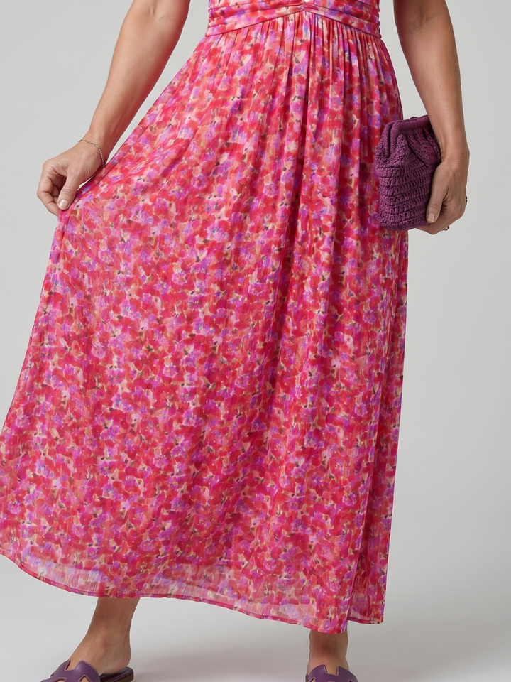 Cecily | Short Sleeve Ditsy Floral Midi Dress with Gathered Waist