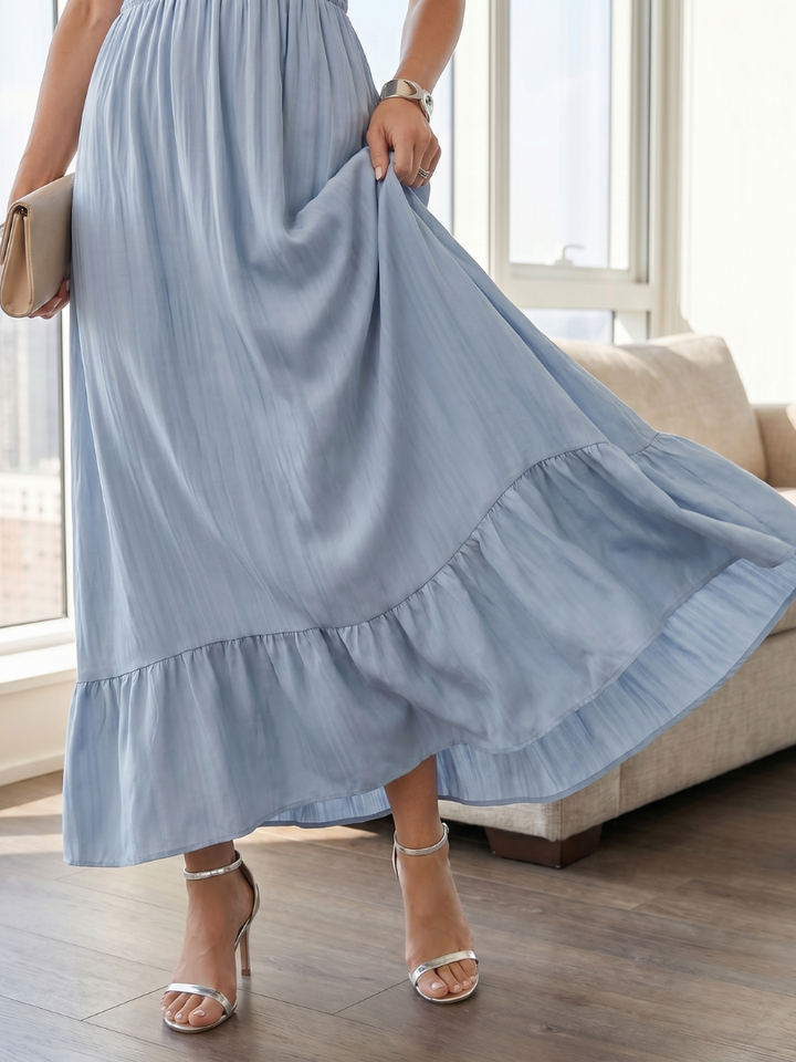 Clover | Ruffle Sleeve Smocked Waist Midi Dress in Blue, Green, Black and Sage