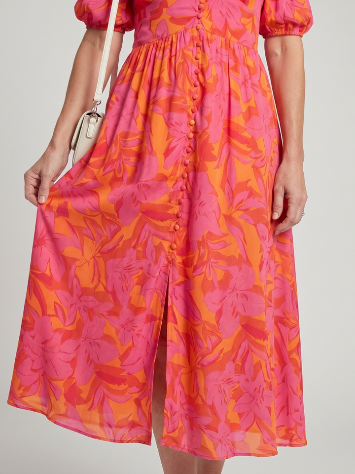 Rosalind | Puff Sleeve V-Neck Bold Floral Print Midi Dress in Multicolour