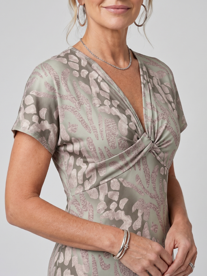 Beatrice | Short Sleeve Abstract Print Twist-Front Midi Dress in Multicolour