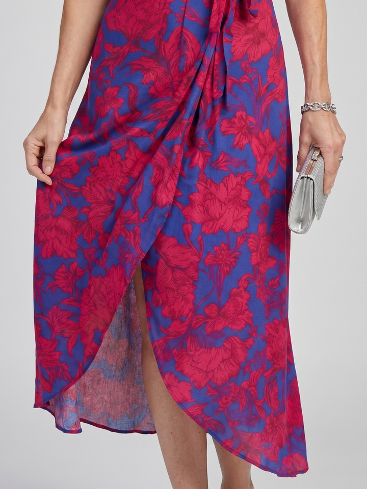 Phoebe | Short Sleeve Floral Wrap Midi Dress in Red, Pink & Floral