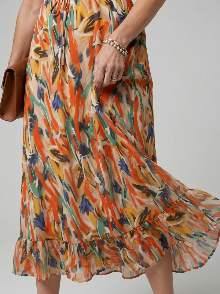 Clemmie | Spaghetti Strap Abstract Print Midi Dress in Multicolour