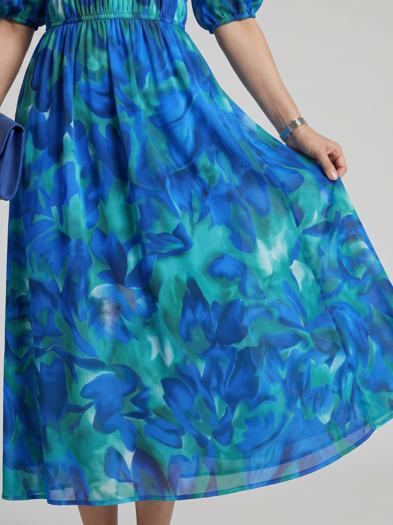 Fenella | Puff Sleeve V-Neck Abstract Print Midi Dress