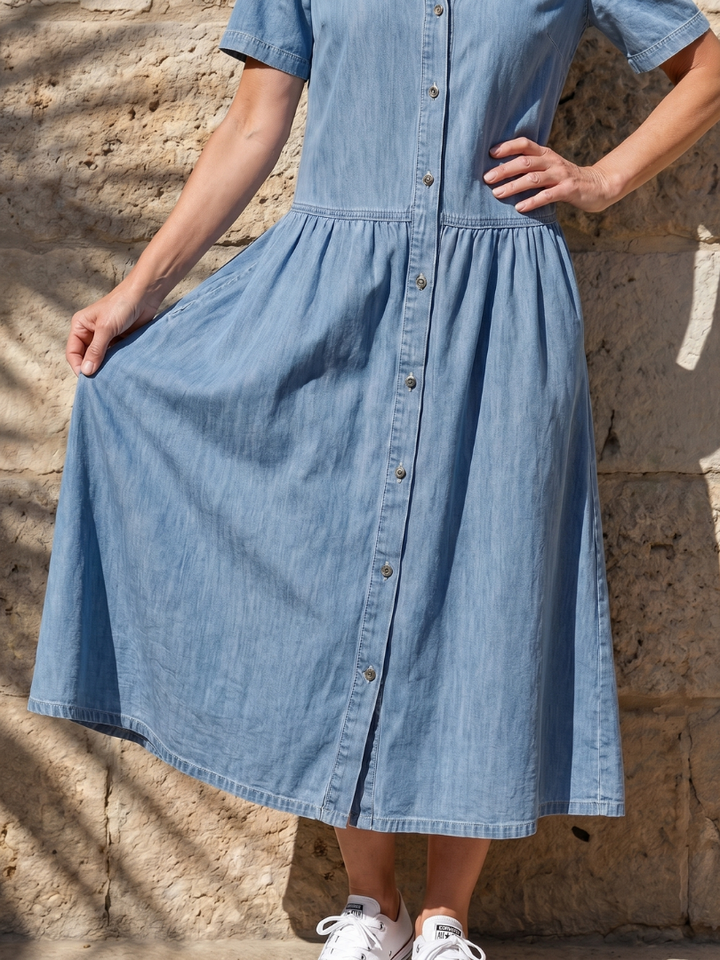 Geneva | Gathered Waist Button-Front Collared Midi Dress in Blue