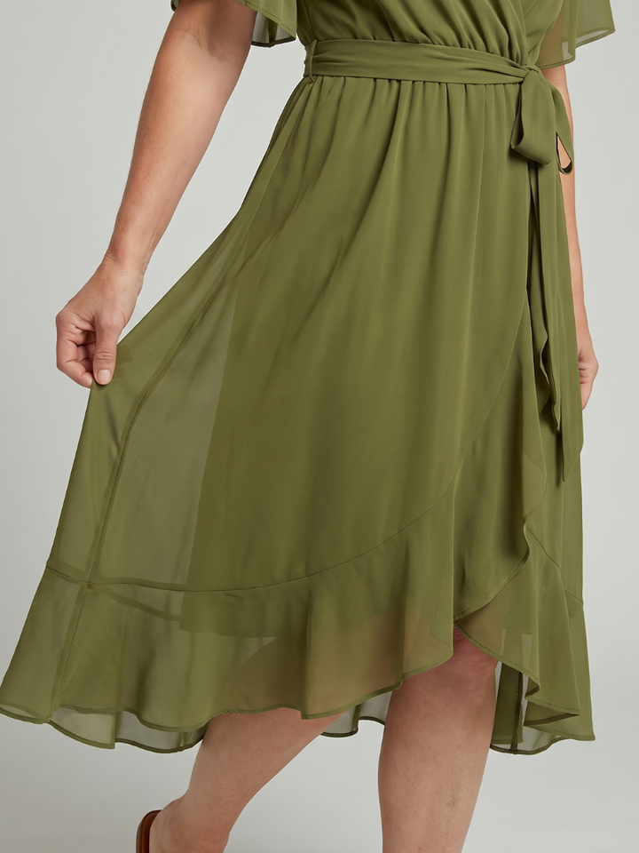 Seren | Short Sleeve Wrap Midi Dress with Fluid Hem in Green, Black, and Blue