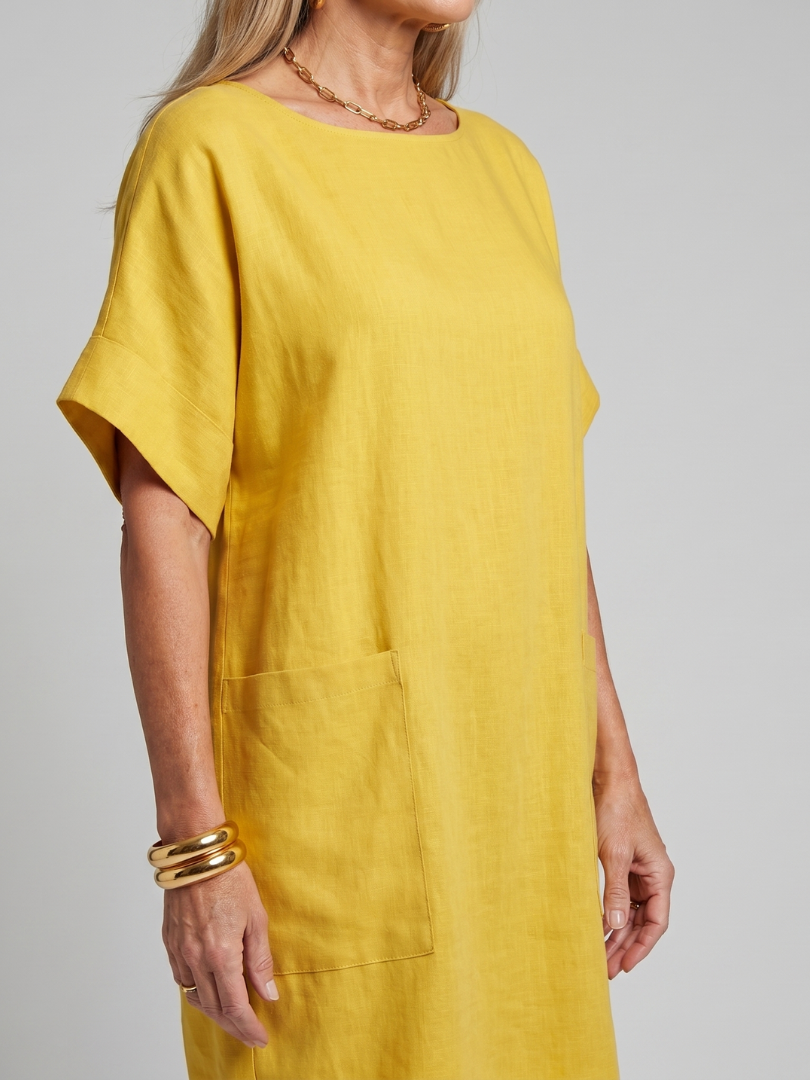 Margot | Short Sleeve Patch Pocket Knee Length Dress in Yellow, Sky Blue & Blue