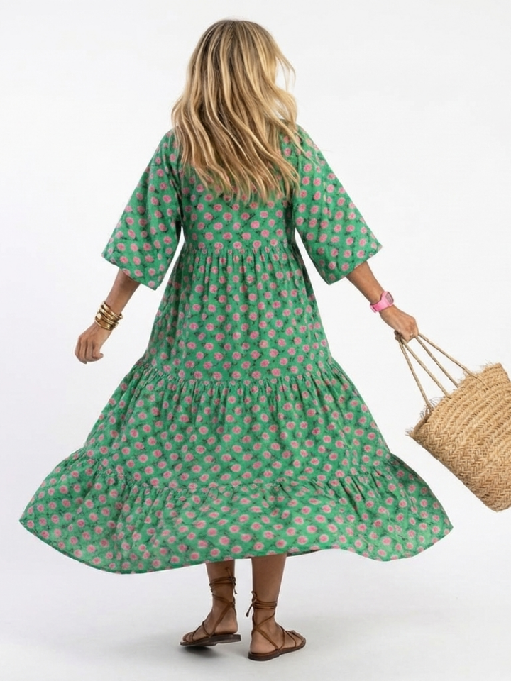 Genevieve | Floral Print V-Neck Tiered Midi Dress