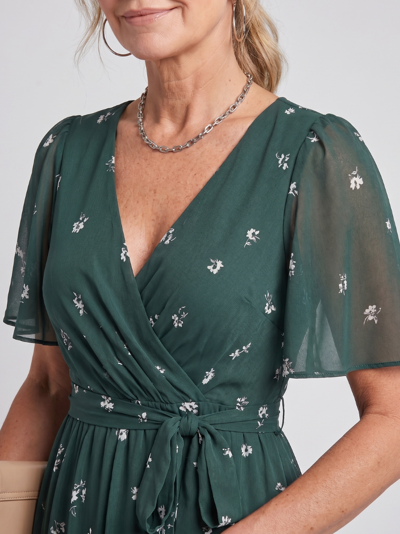 Mirabel | Flutter Sleeve Gathered Waist Floral Print Midi Dress in Dark Green