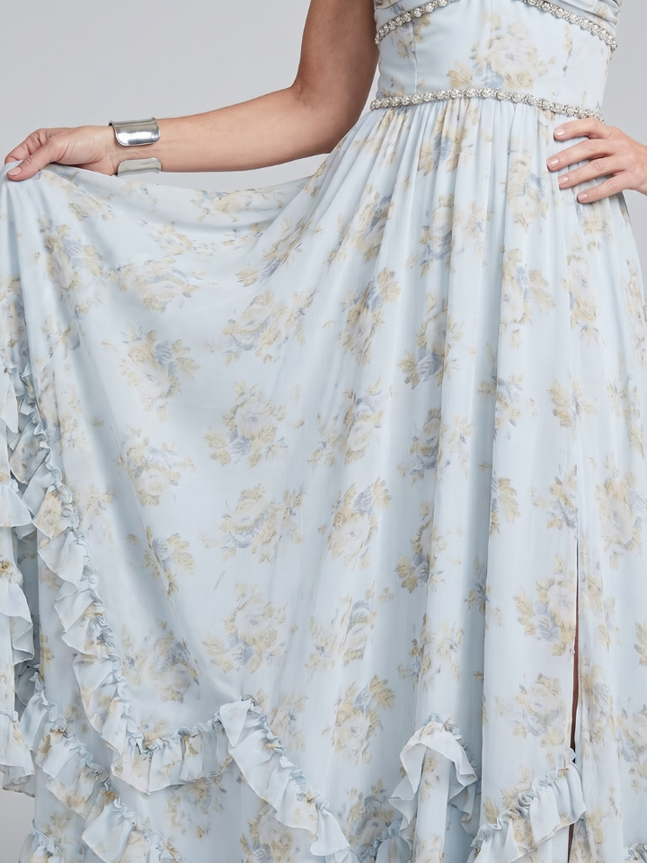 Arabella | Halter Neck Floral Beaded Strap Tiered Ruffle Maxi Dress in Sky Blue