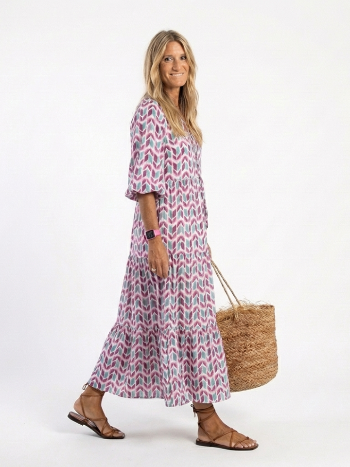 Gisela | Geometric Print Long Sleeve Tiered Midi Dress