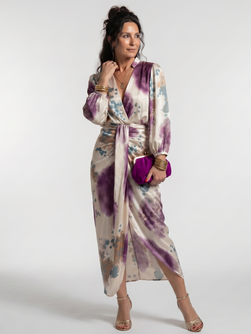 Cordelia | Cross Wrap Tie Waist Printed Midi Dress in Multicolour