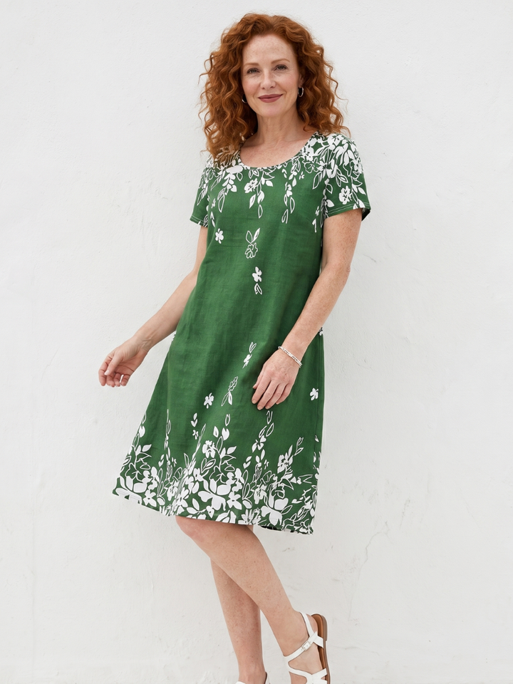 Daphne | Short Sleeve Floral Border Mini Dress in Green, Red & Blue