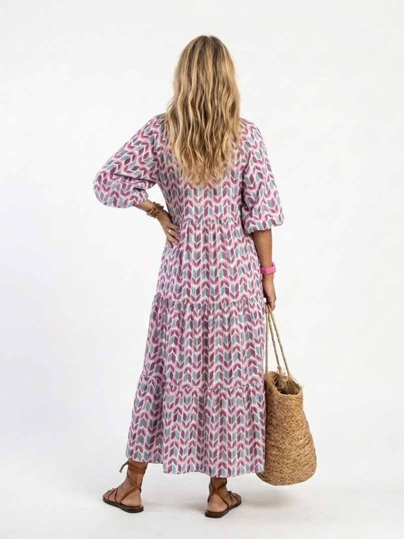 Gisela | Geometric Print Long Sleeve Tiered Midi Dress
