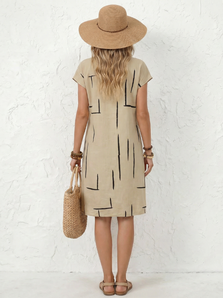 Georgina | Short Sleeve Abstract Print Relaxed Knee Length Dress in Beige