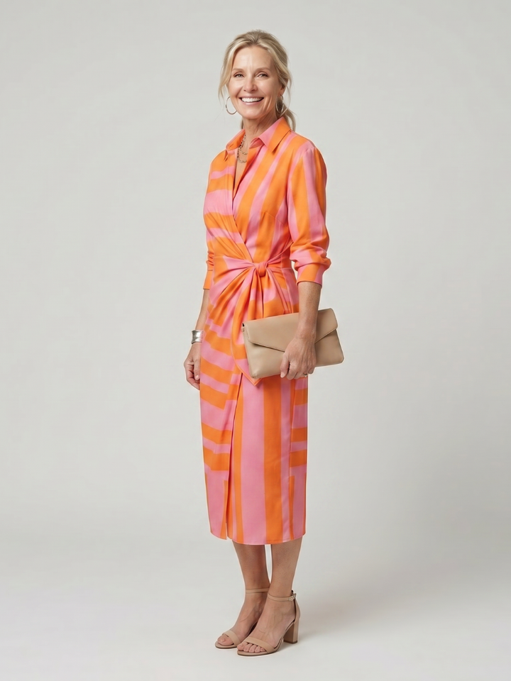 Imogen | Long Sleeve Collared Wrap Midi Dress in Stripe